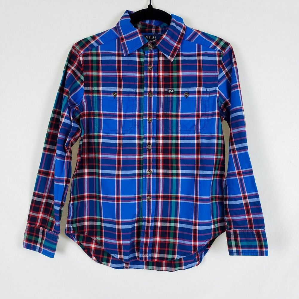 Polo Ralph Lauren Blue Plaid Button-Up Shirt Boys S Long Sleeve Preppy Cotton